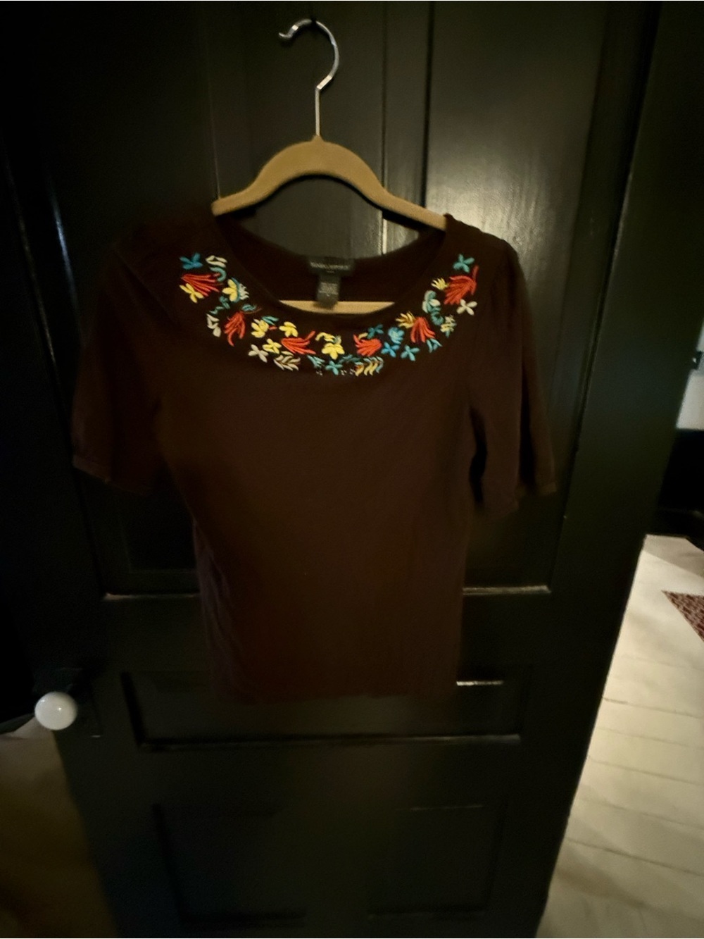 Banana Republic Brown Short Sleeve Top with Multicolor Embroidery
